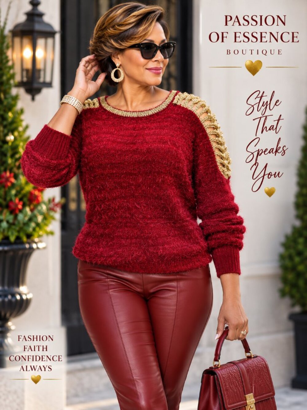 Paris Paris Red Fuzzy Sweater Gold Crochet Shoulder Detail Size M